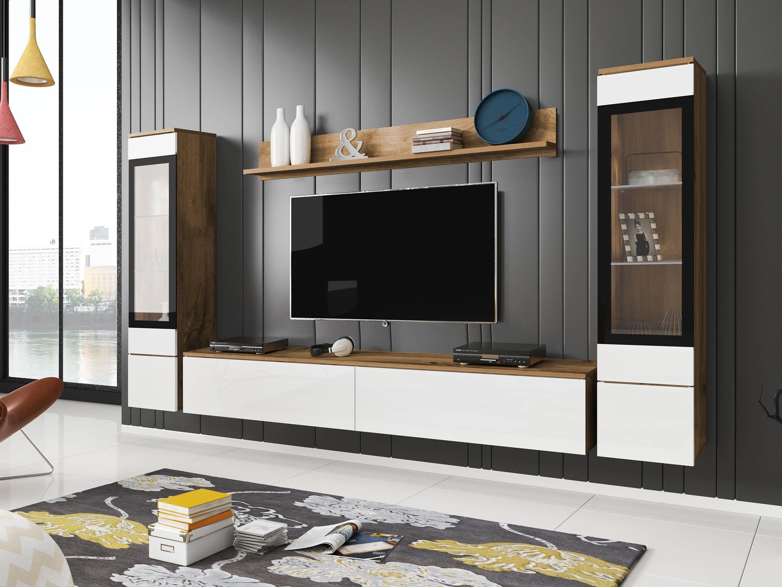 Σετ επίπλων σαλονιού Sarasota 126 (Δρυς wotan + Γυαλιστερό λευκό)