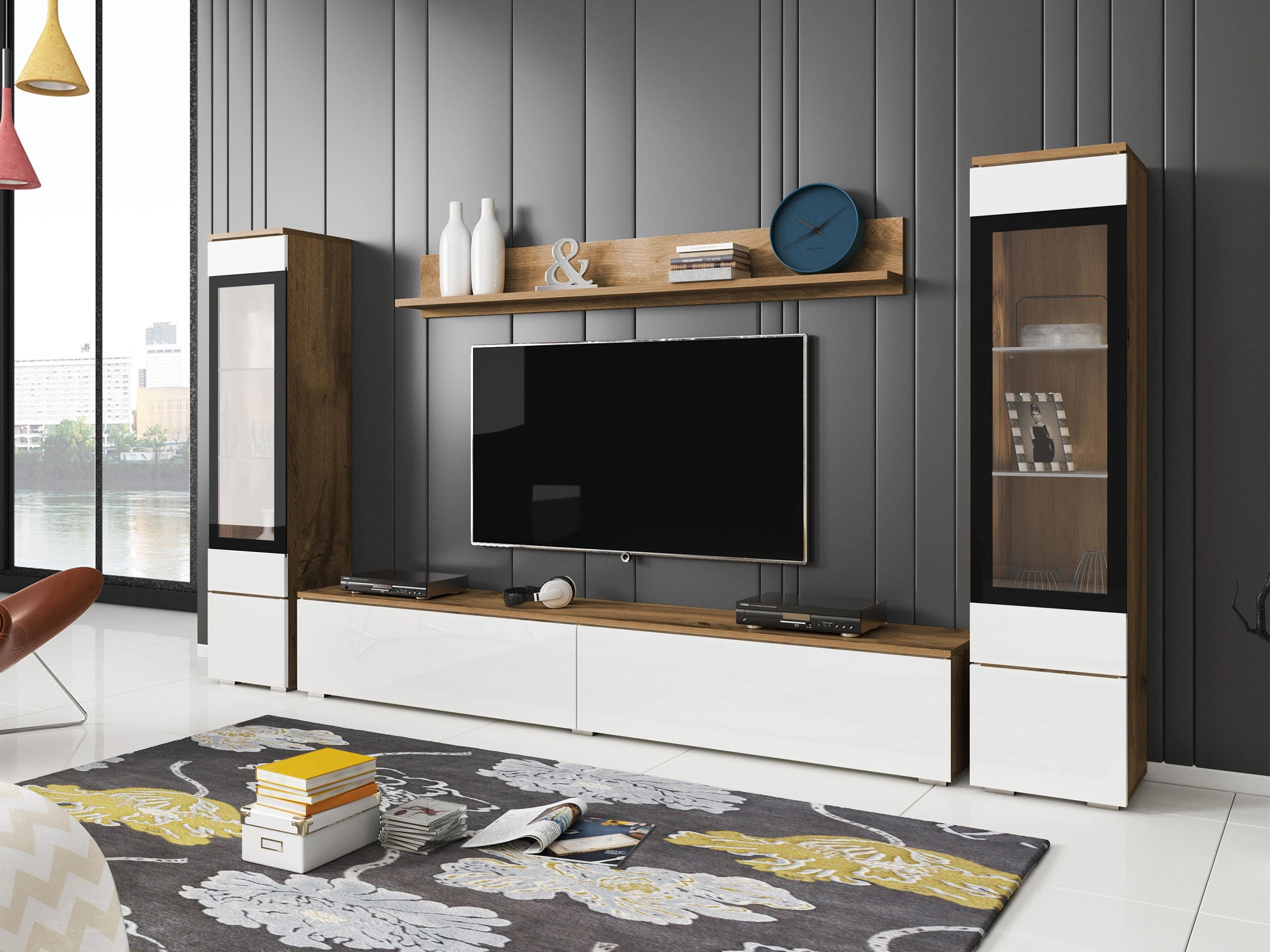 Σετ επίπλων σαλονιού Sarasota 126 (Δρυς wotan + Γυαλιστερό λευκό)