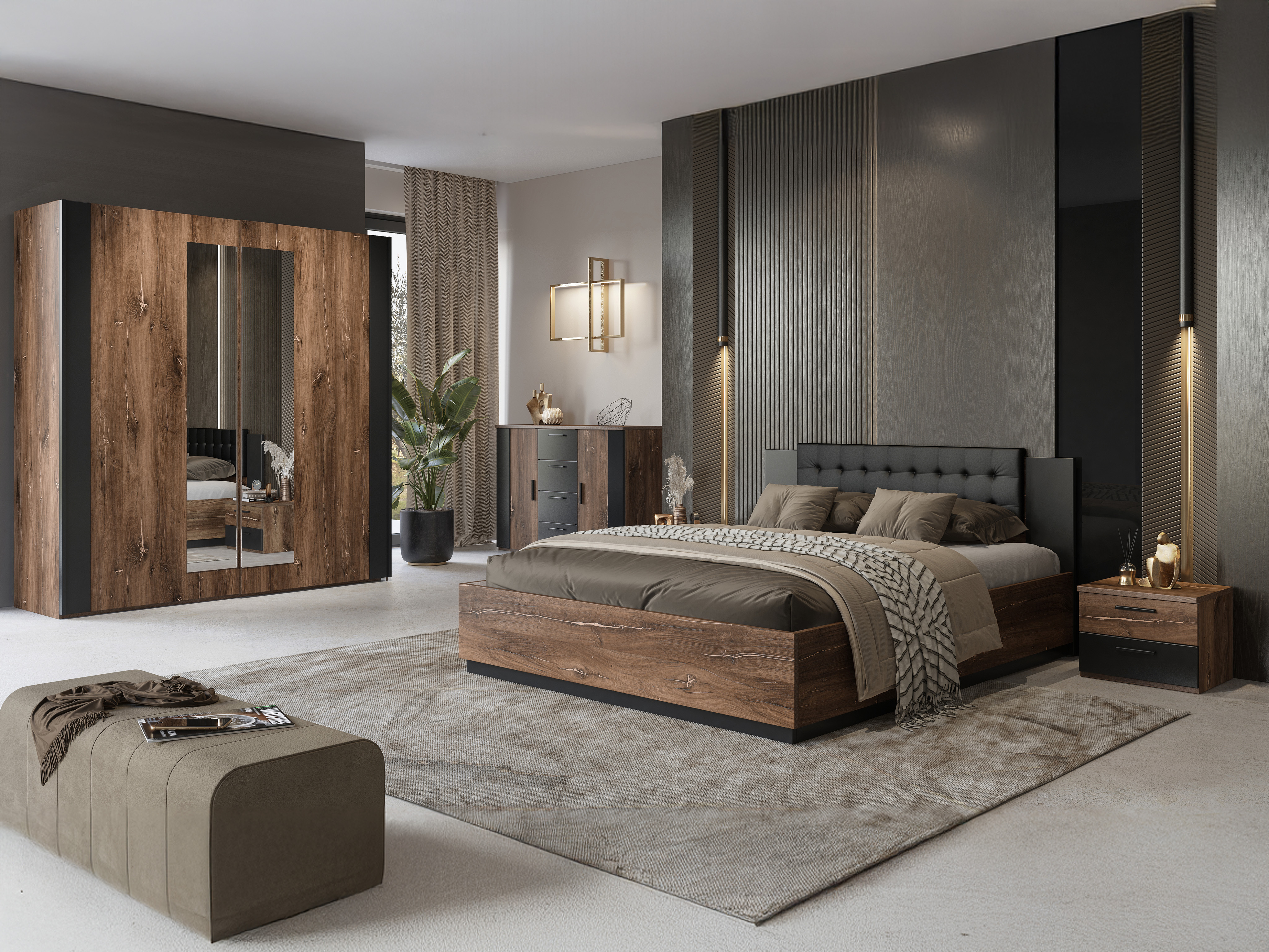 Κρεβάτι Felelie 104 (Σκούρα Flagstaf βελανιδιά + Χάλκινο)