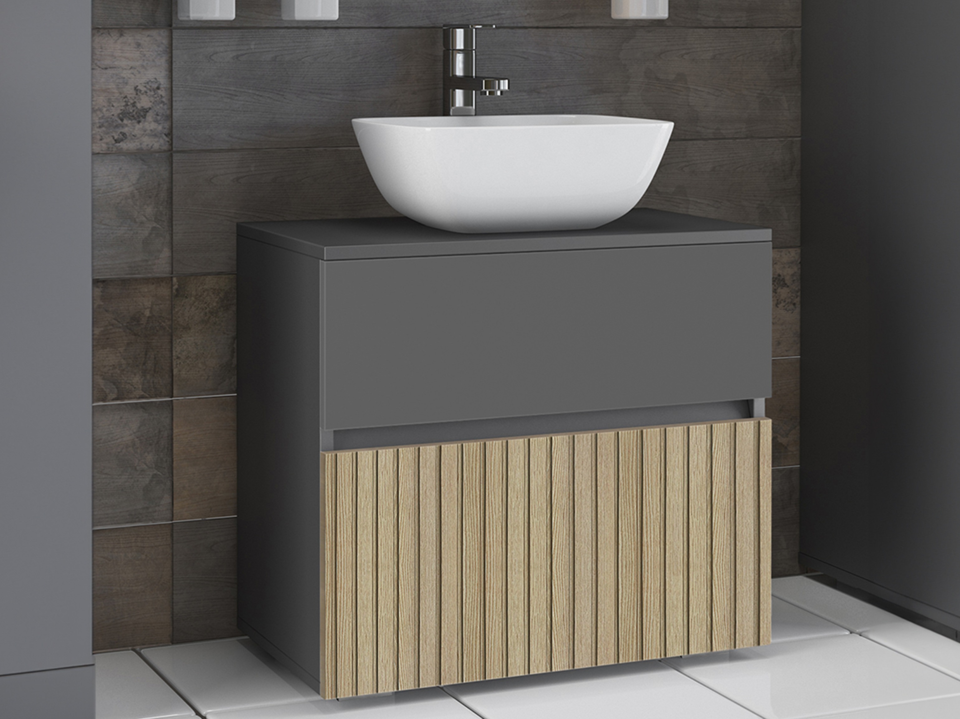 Όρθιο ντουλάπι νιπτήρα μπάνιου Soncamu 110 (Ανθρακί + Ελαφριά δρυς)