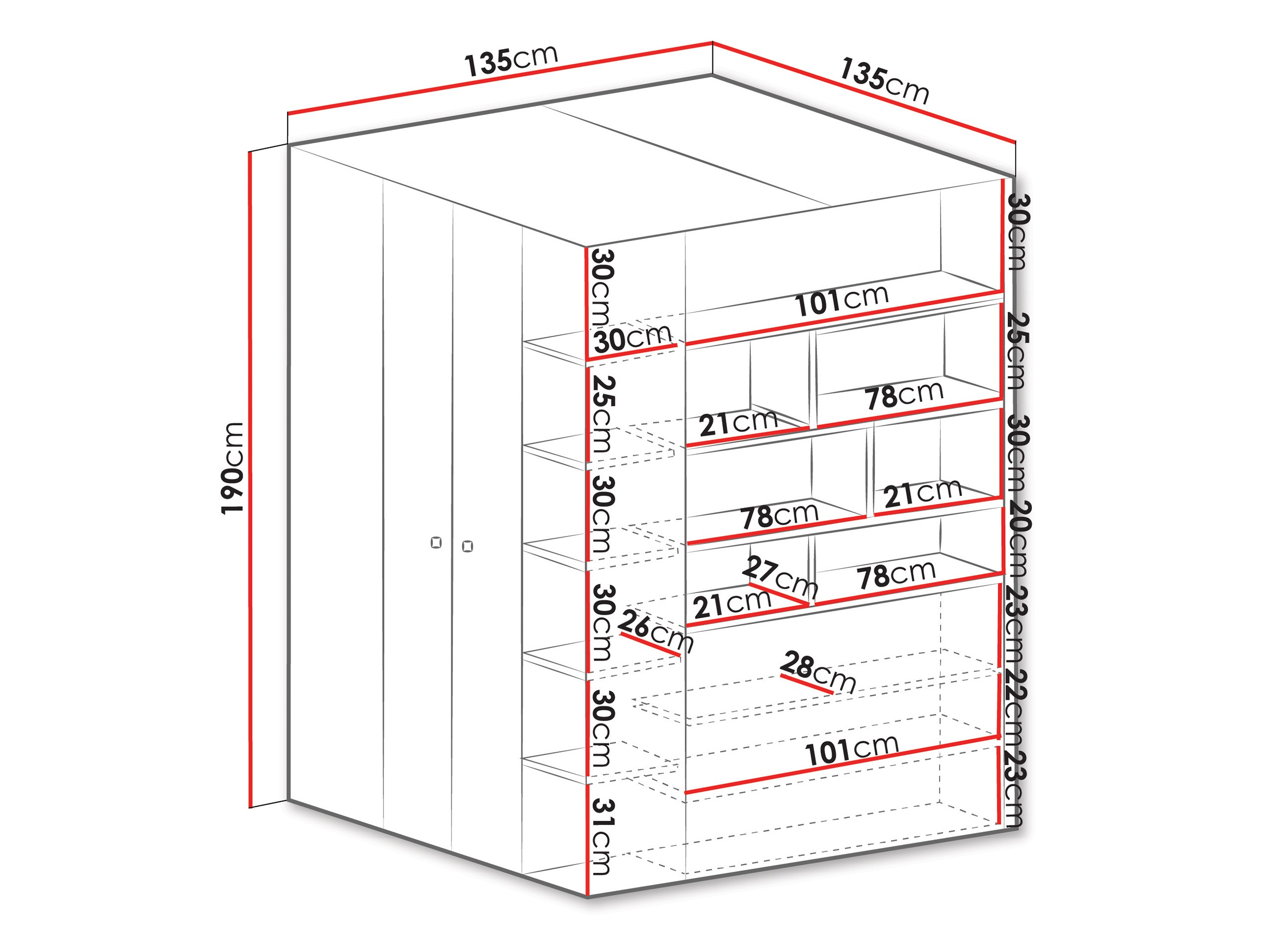 Γωνιακή ντουλάπα Camteso 113 (Άσπρο + Δρυς + Τυρκουάζ)