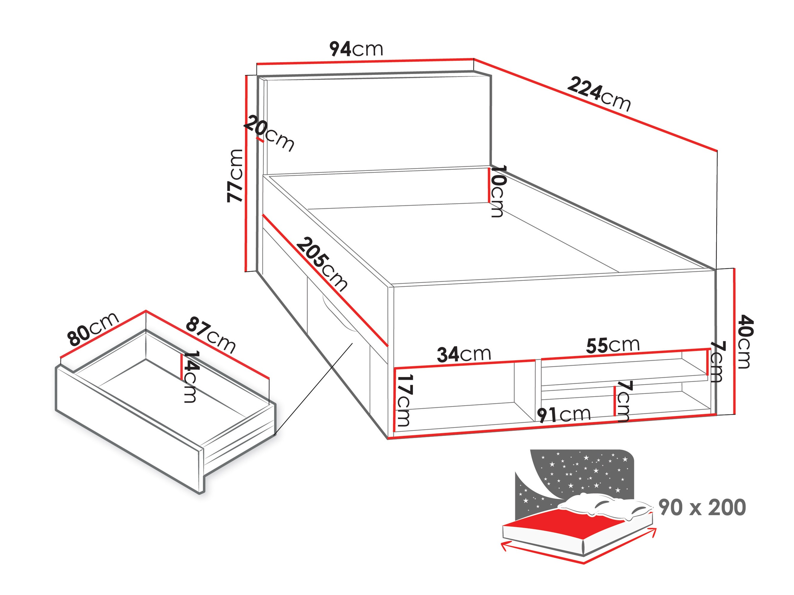 Κρεβάτι Camteso 112 (Άσπρο + Δρυς + Τυρκουάζ)
