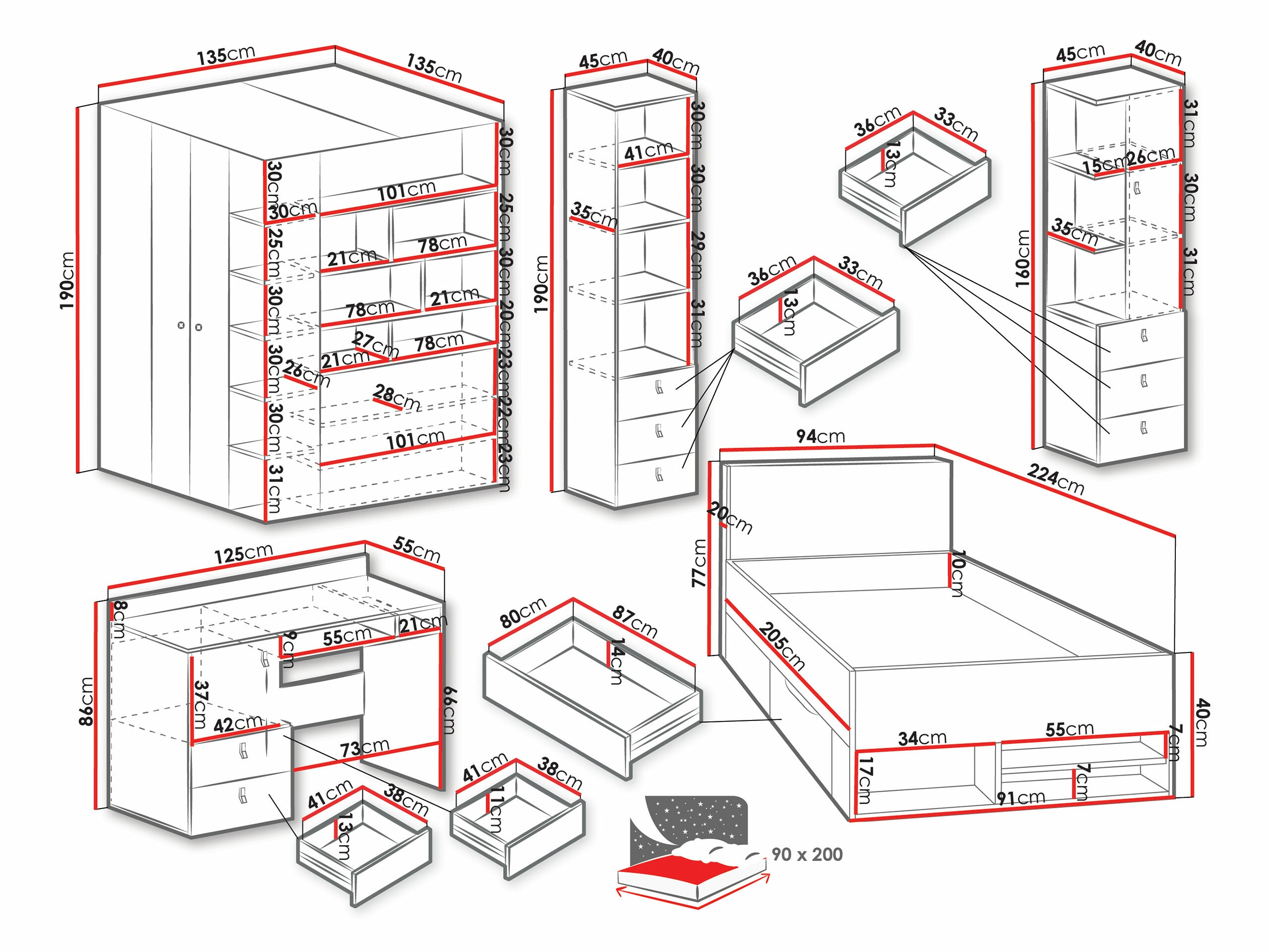 Σετ παιδικού δωματίου Camteso 115 (Άσπρο + Δρυς + Τυρκουάζ)
