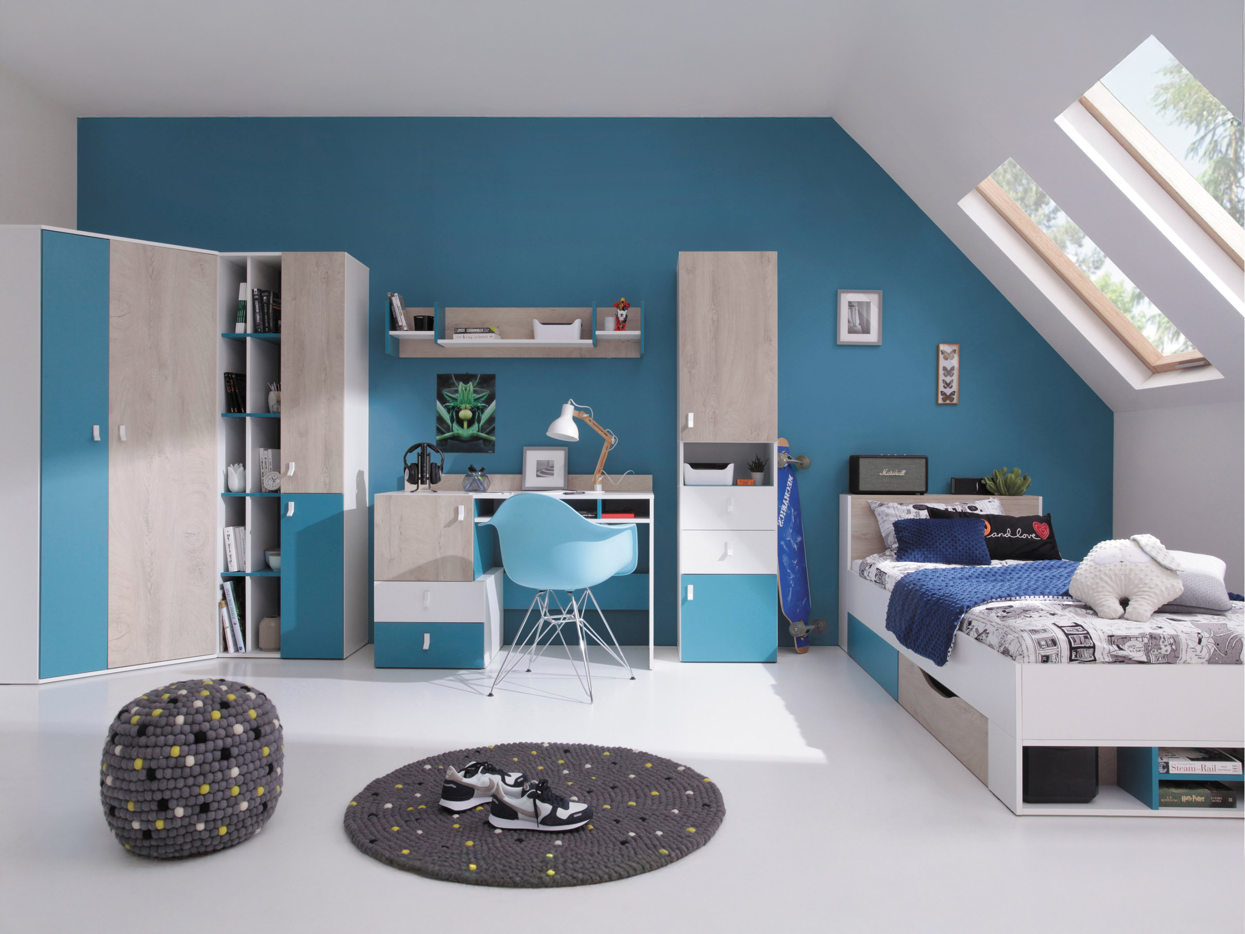 Wall shelf Camteso 111 (White + Oak + Turquoise)