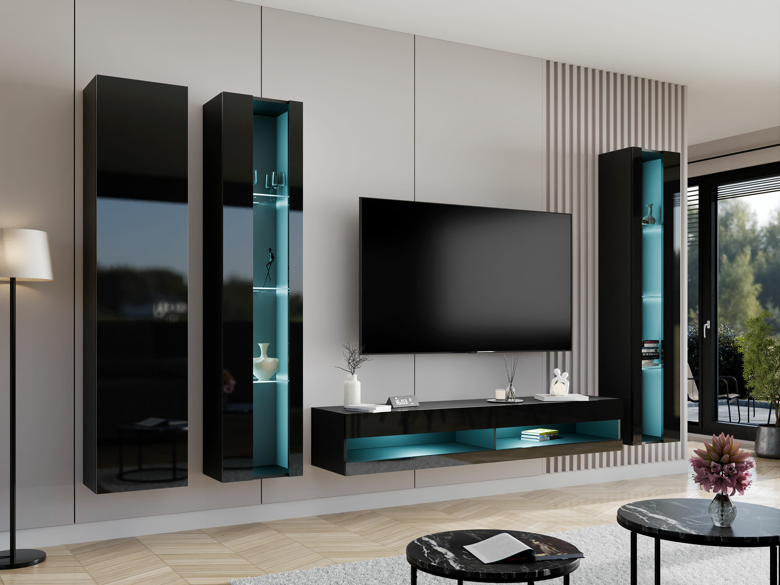 Σετ επίπλων σαλονιού Venenou 116 (Μαύρο + Γυαλιστερό μαύρο)