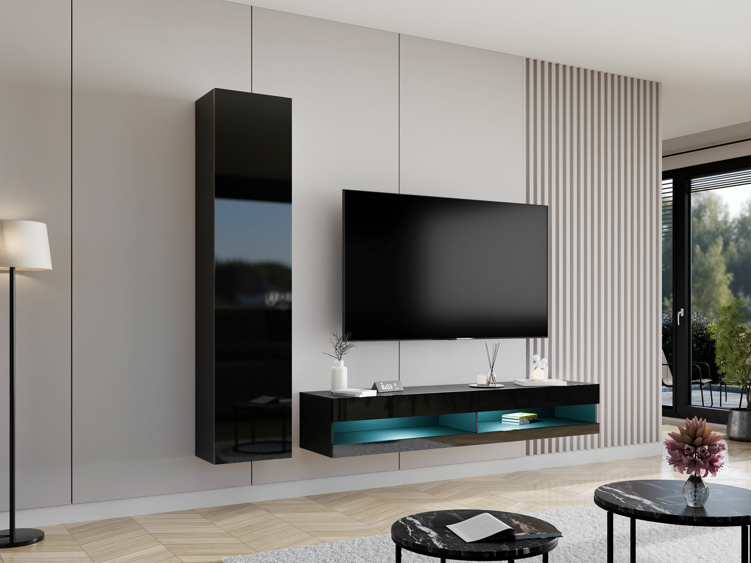 Σετ επίπλων σαλονιού Vilrin VI (Μαύρο + Γυαλιστερό μαύρο)