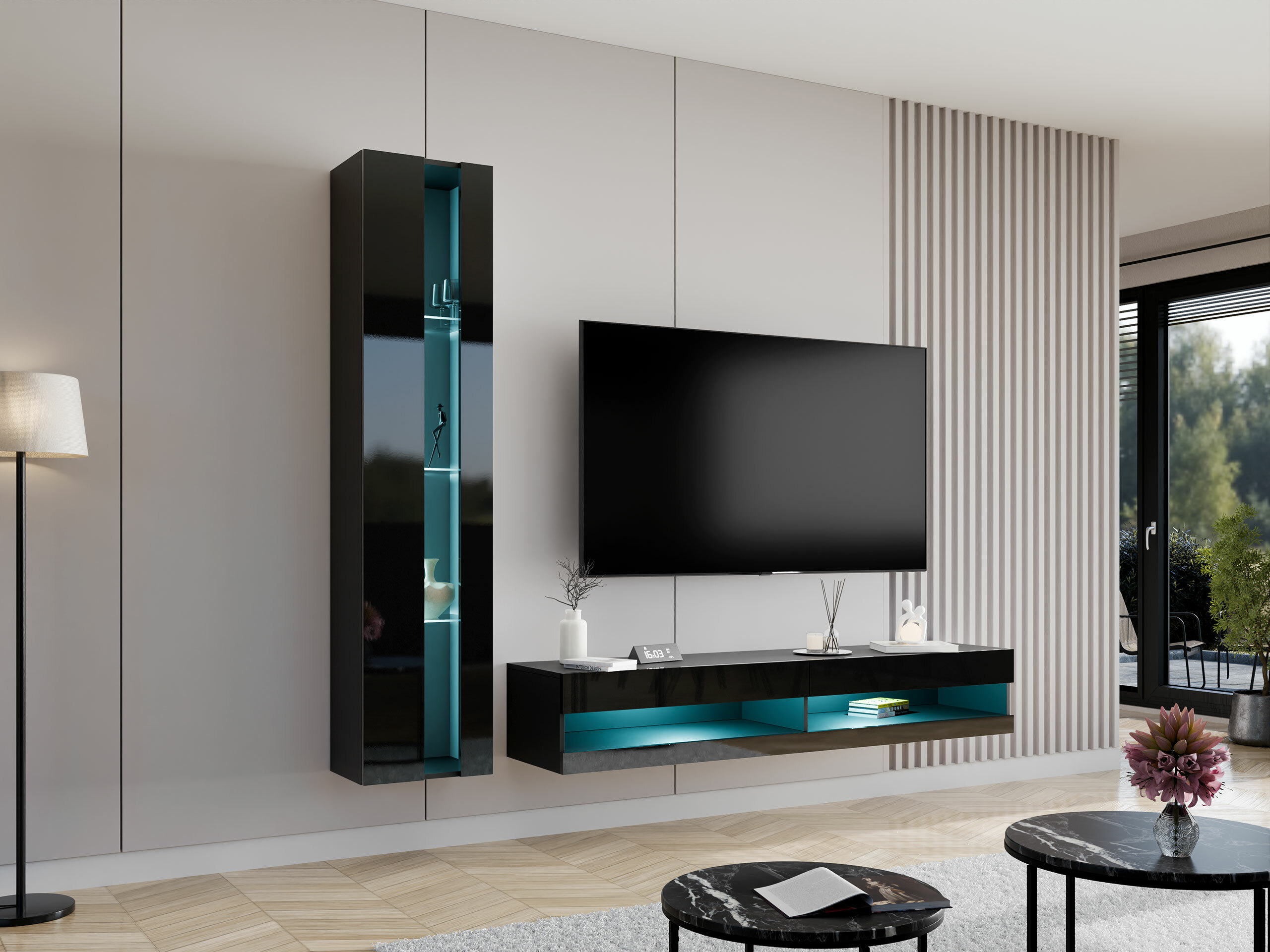 Σετ επίπλων σαλονιού Vilrin VIII (Μαύρο + Γυαλιστερό μαύρο)