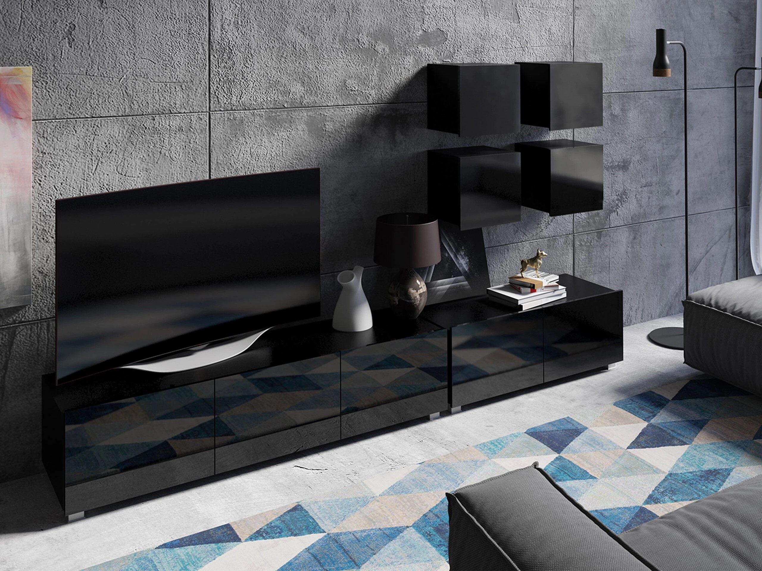 Έπιπλο τηλεόρασης Remus I (Μαύρο + Γυαλιστερό μαύρο)