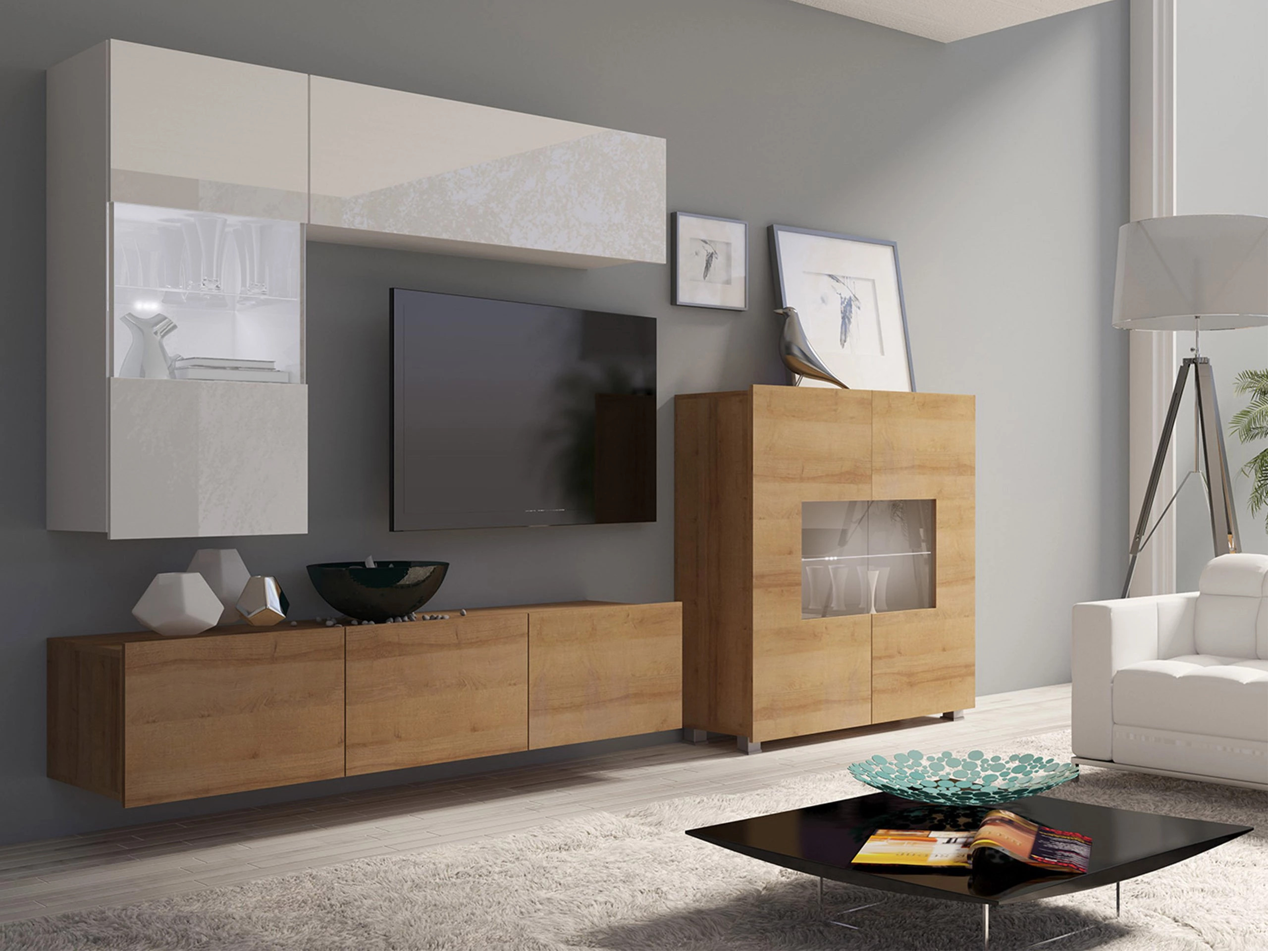 Living room set Remus III (Golden oak + White + Glossy white)