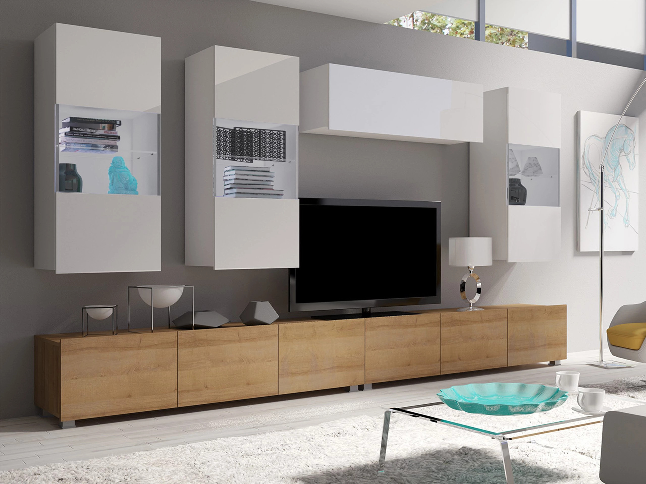 Living room set Remus V (Golden oak + White + Glossy white)