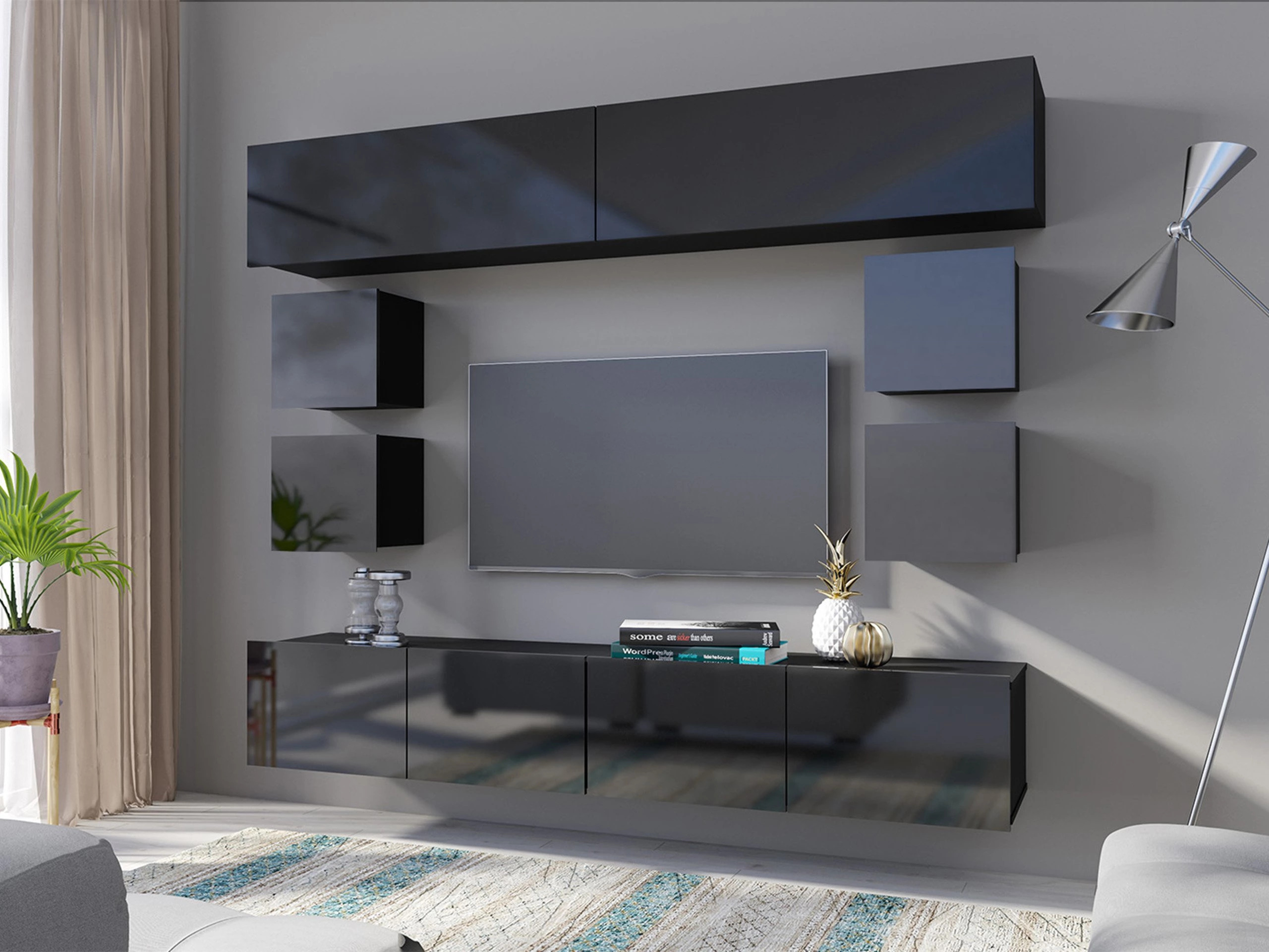 Ντουλάπι τοίχου Remus II (Μαύρο + Γυαλιστερό μαύρο)