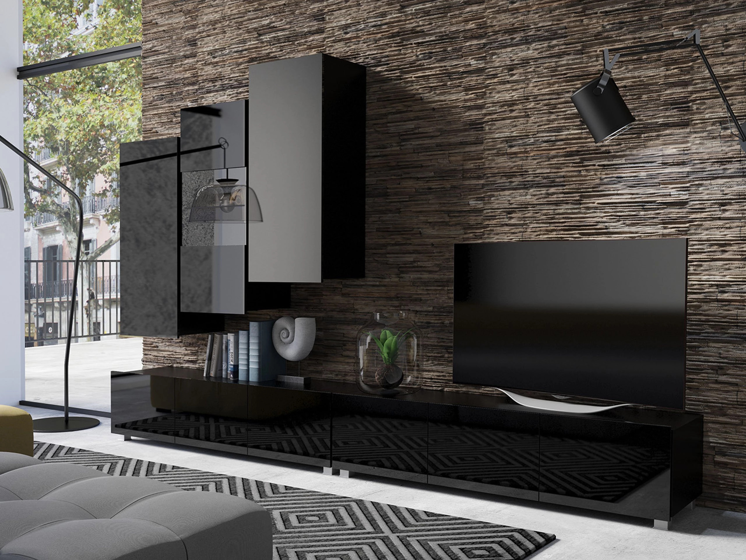 Ντουλάπι τοίχου Remus III (Μαύρο + Γυαλιστερό μαύρο)