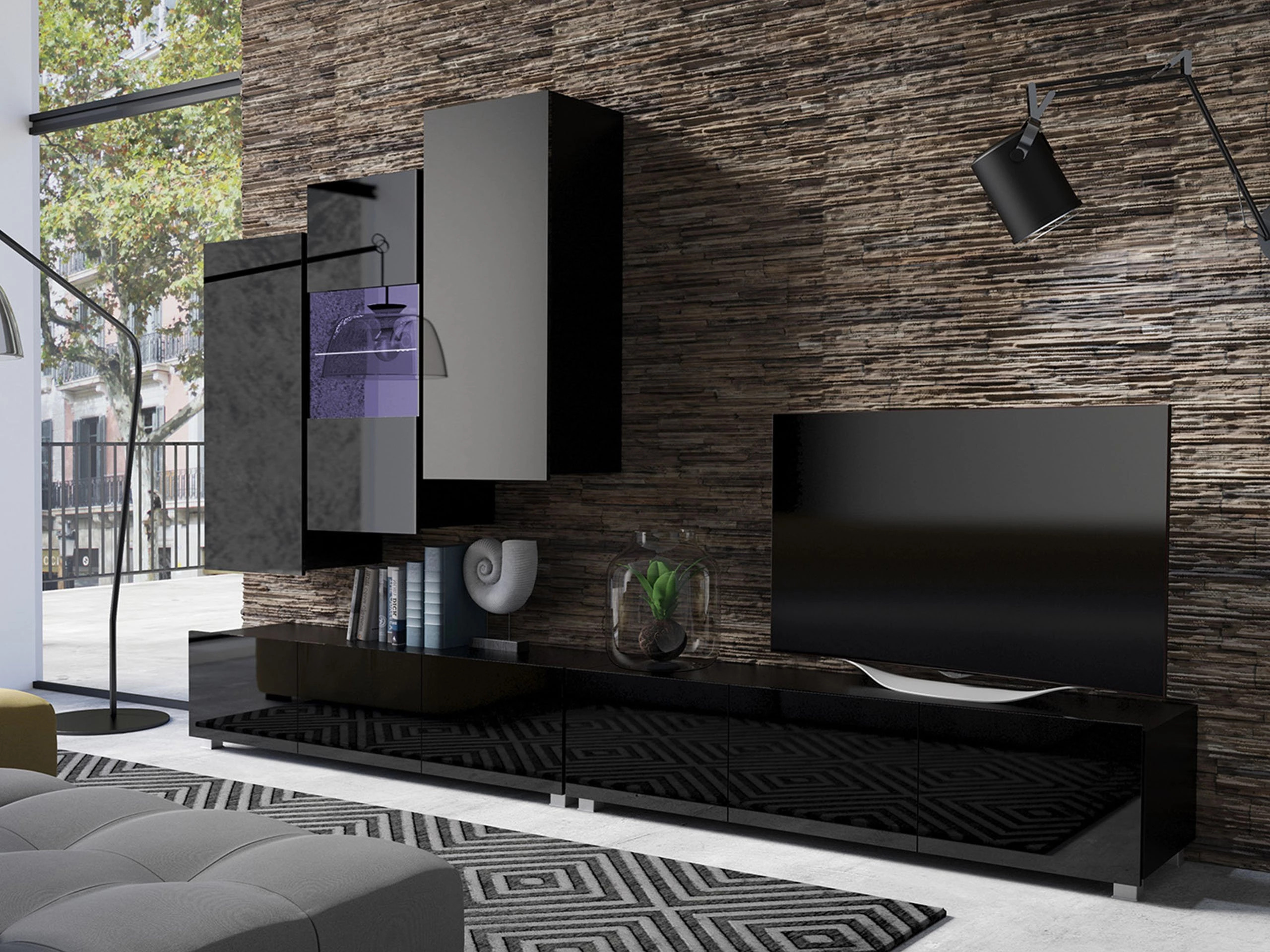 Σετ επίπλων σαλονιού Remus XVII (Μαύρο + Γυαλιστερό μαύρο)