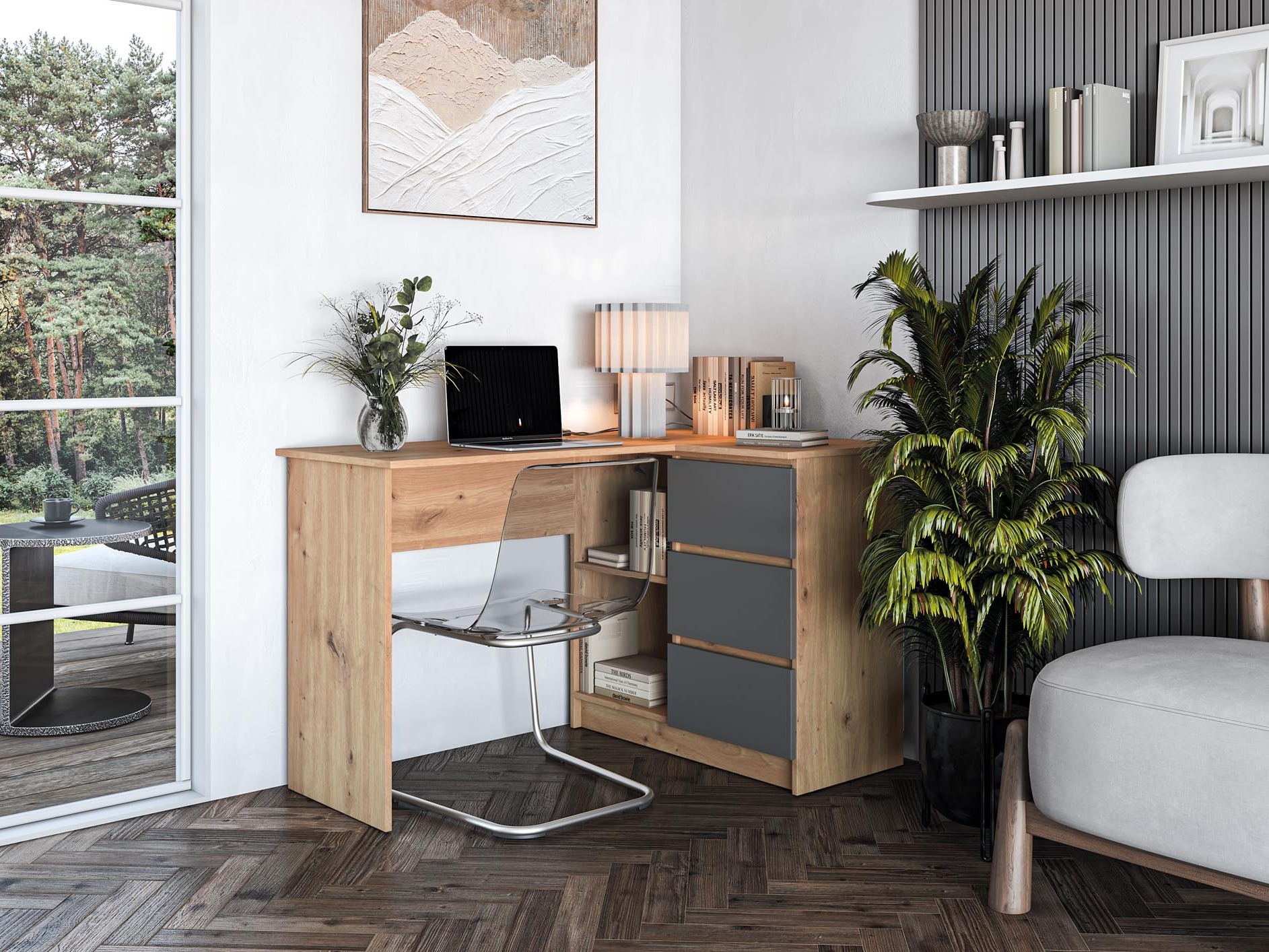 Γωνιακό γραφείο Houston 1950 (Γραφίτης + Artisan βελανιδιά)