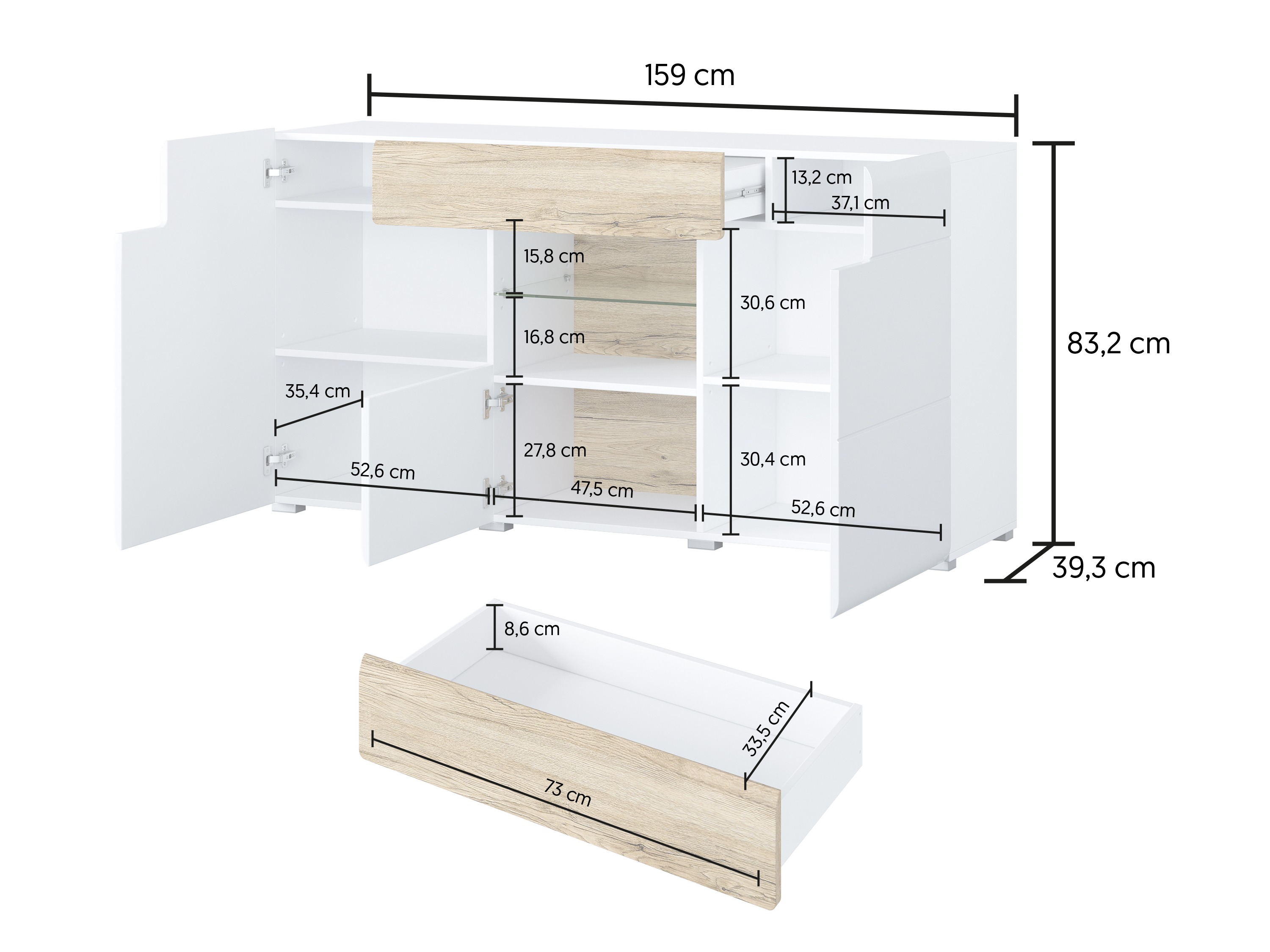 Συρταριέρα Torsone 108 (Άσπρο + Γυαλιστερό λευκό + San remo δρυς)