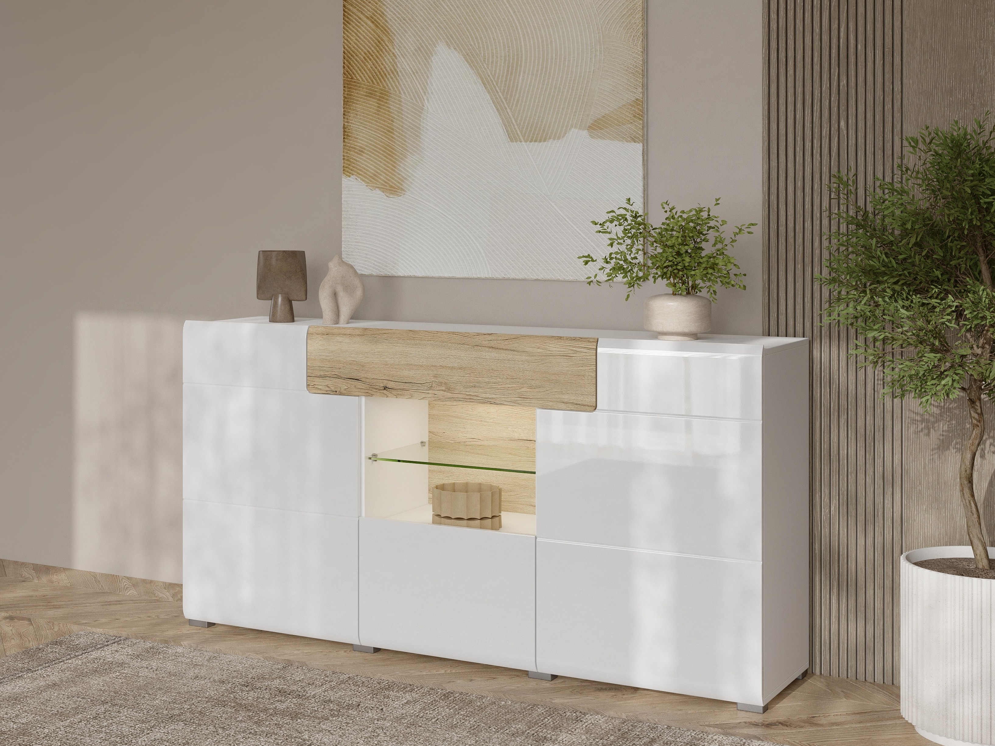 Συρταριέρα Torsone 108 (Άσπρο + Γυαλιστερό λευκό + San remo δρυς)