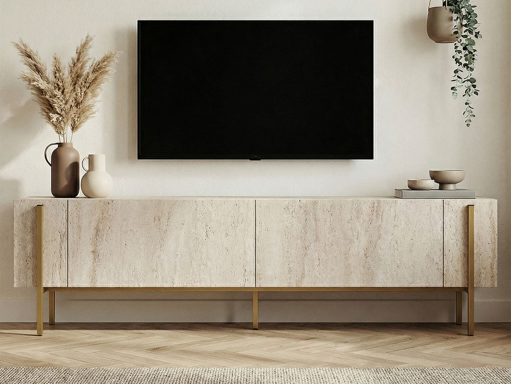 Έπιπλο τηλεόρασης Novato 154 (Χρυσό + Ανοιχτό Travertine)