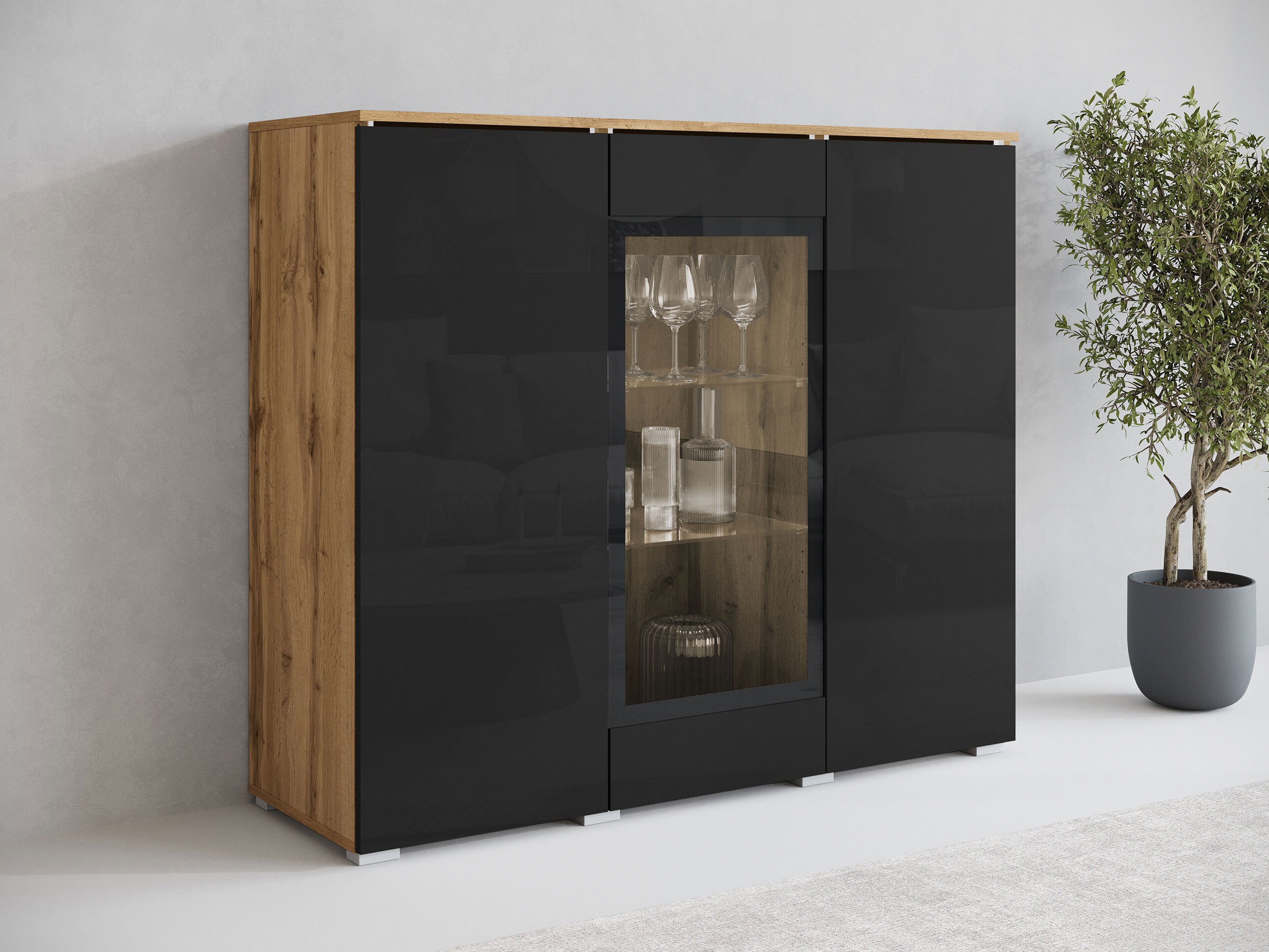 Μπουφέ Mirfivo 103 (Δρυς wotan + Γυαλιστερό μαύρο)