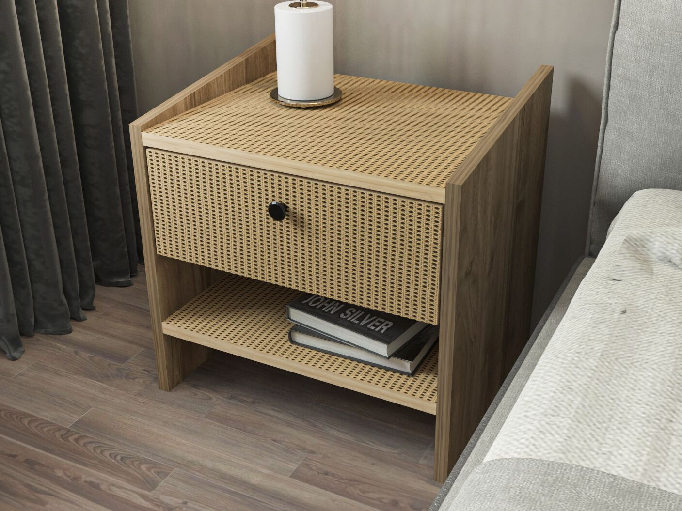 Bedside table Kailua 2752 (Rattan pattern + Light walnut)