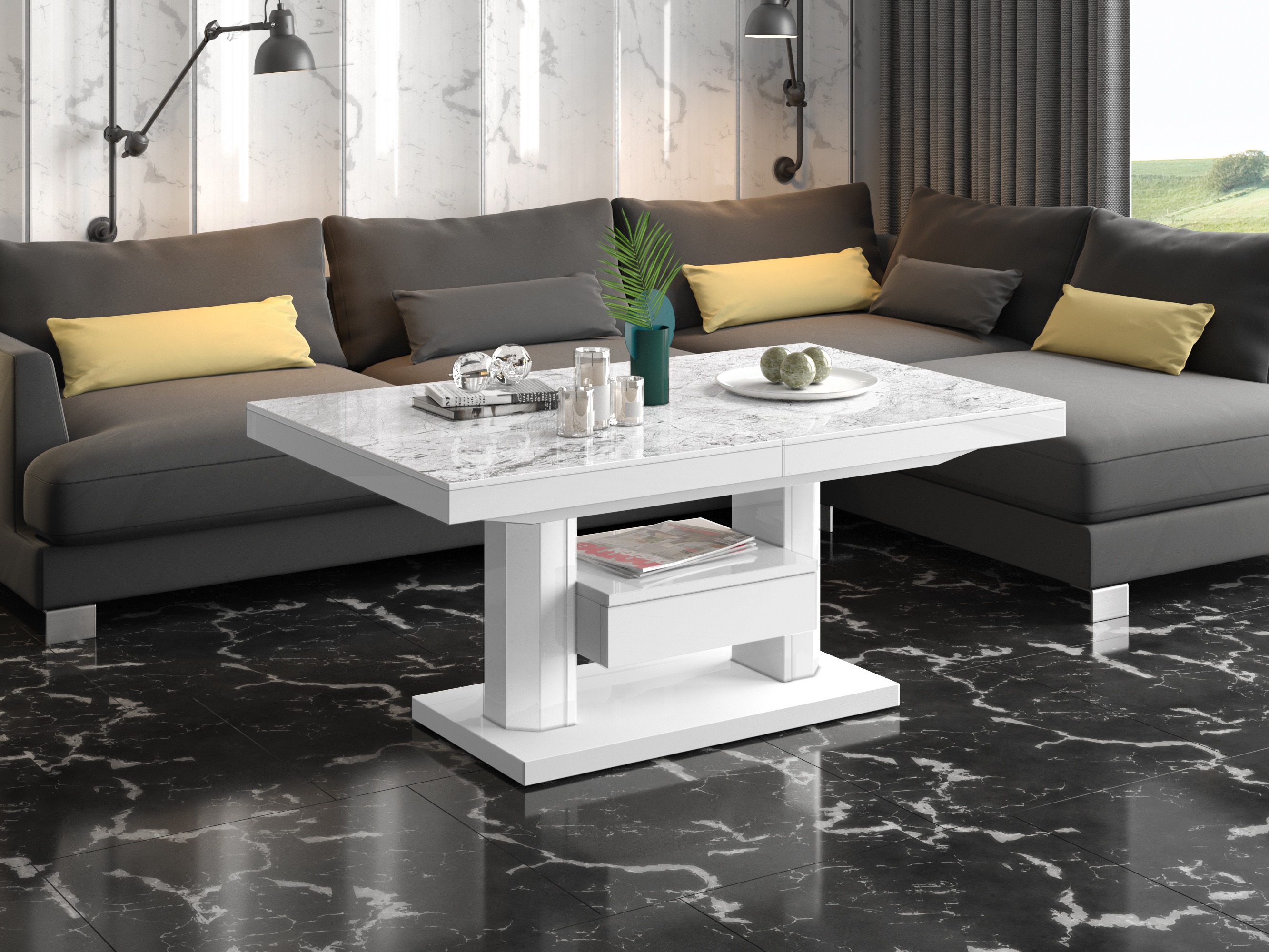 Coffee table transformer Hoboken 100 (White marble + Glossy white)