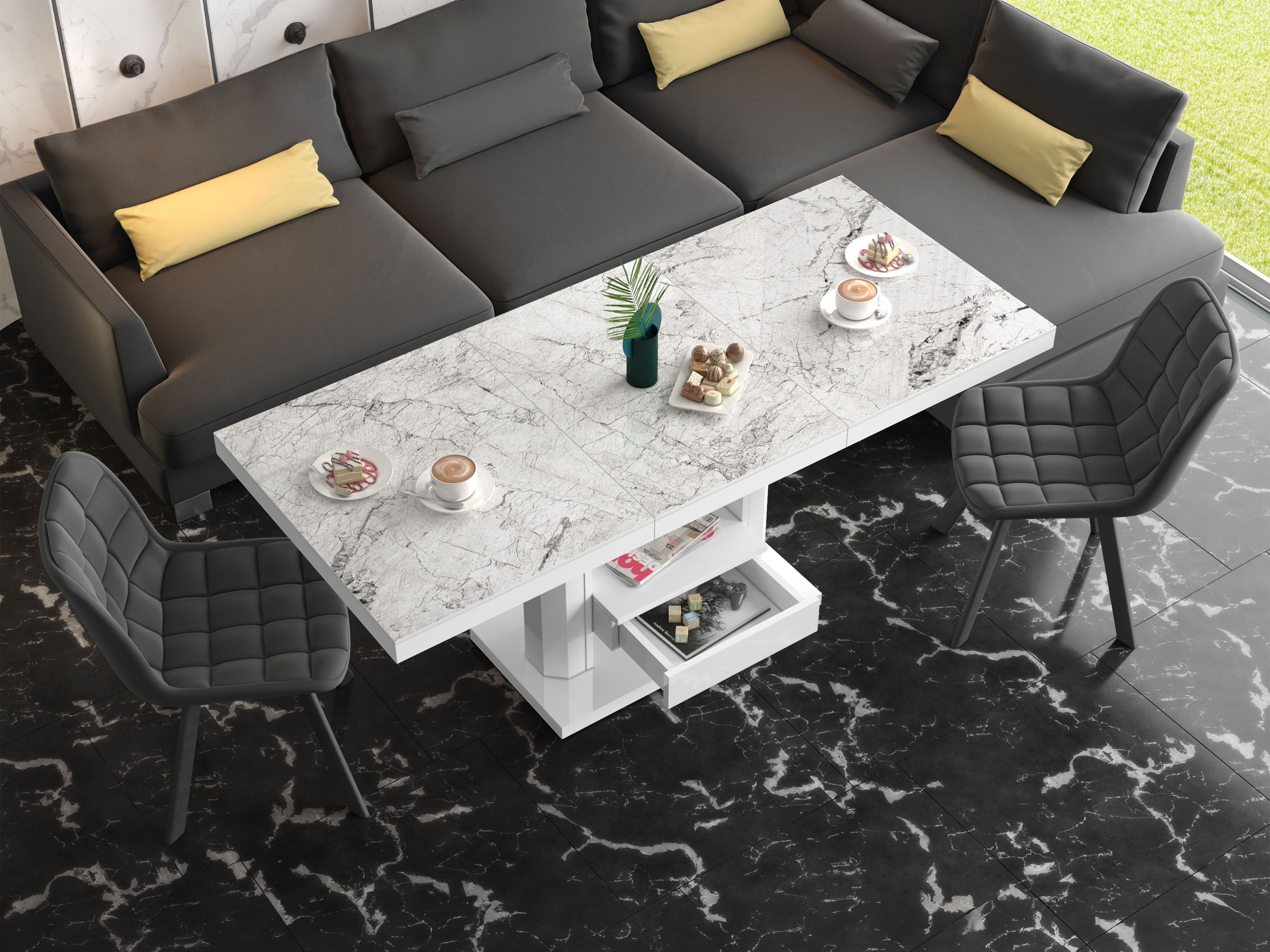 Coffee table transformer Hoboken 100 (White marble + Glossy white)