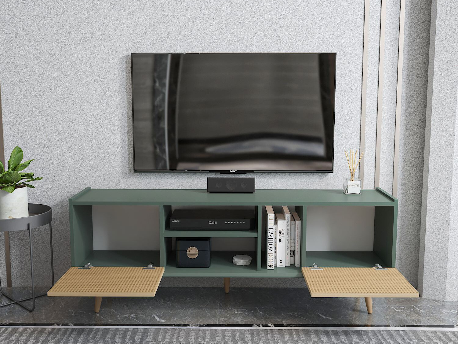 TV stand Asheboro 214 (Green + Rattan pattern)