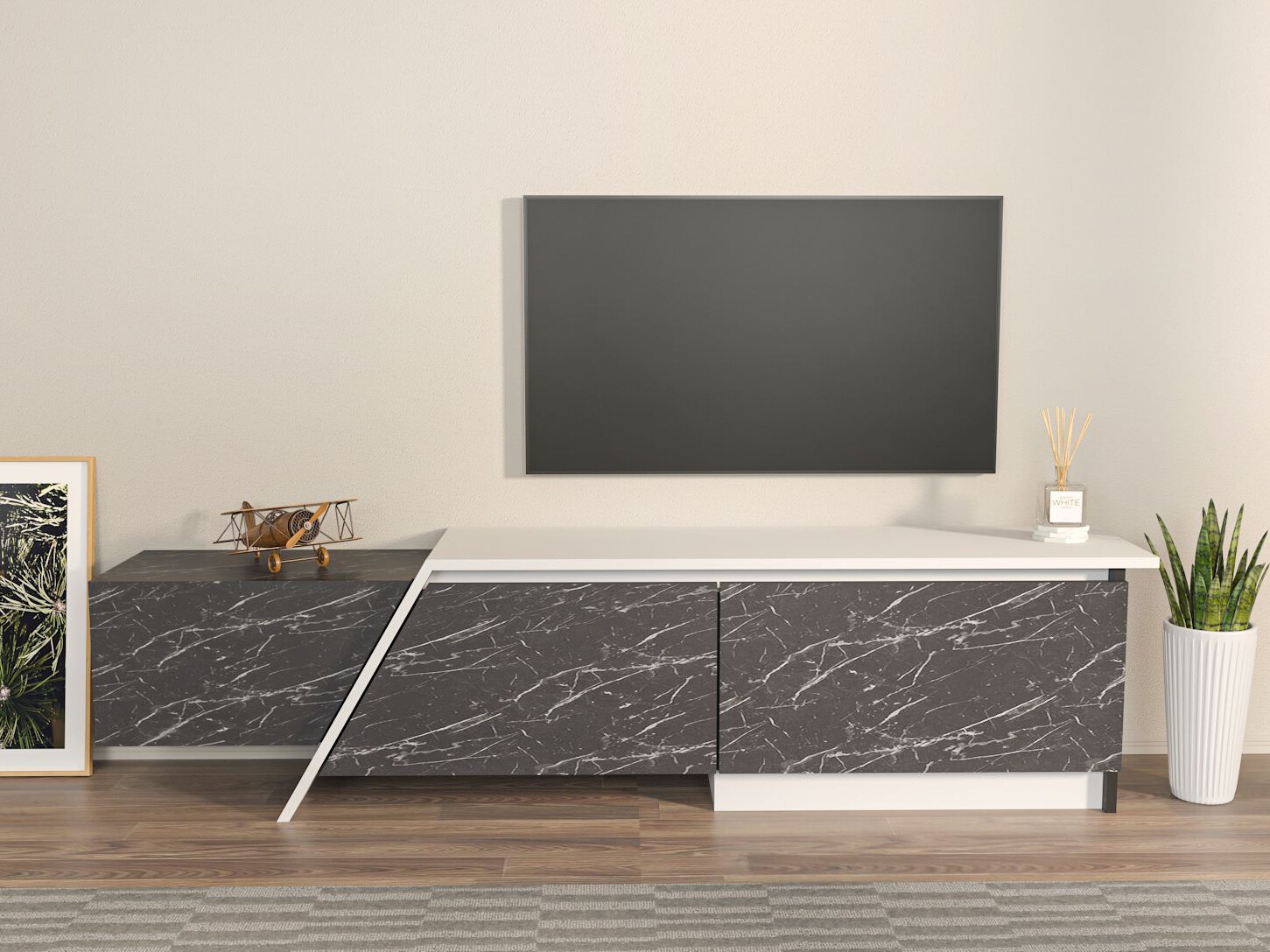 TV stand Asheboro 219 (White + Black marble)