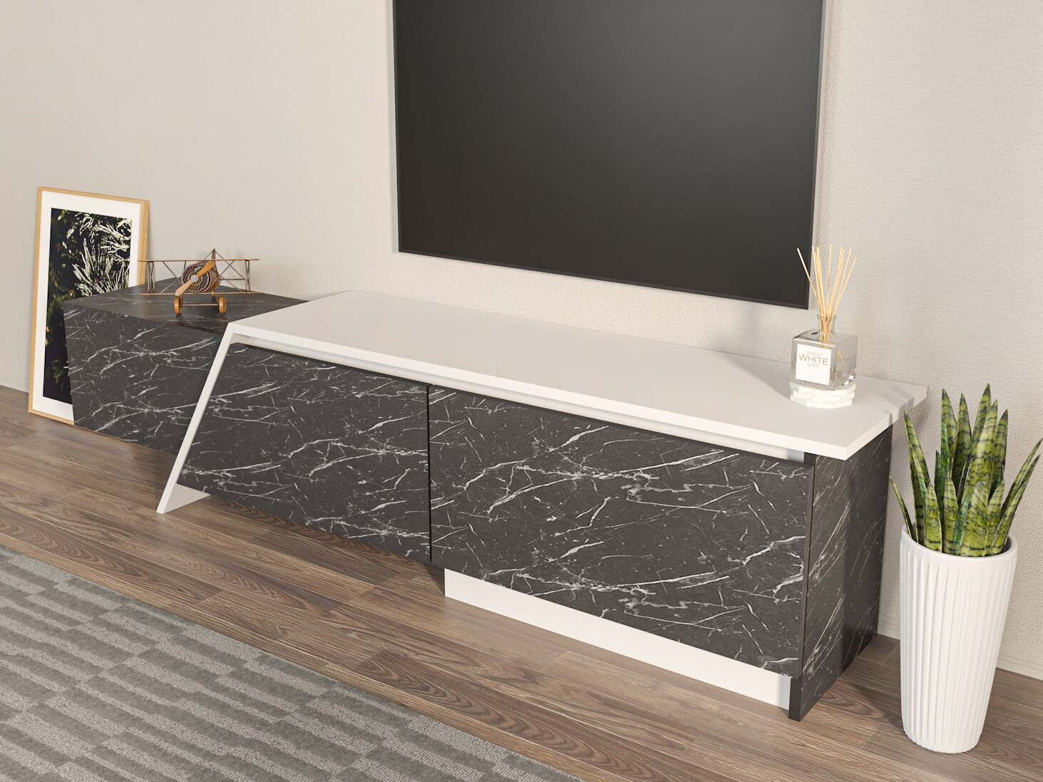TV stand Asheboro 219 (White + Black marble)