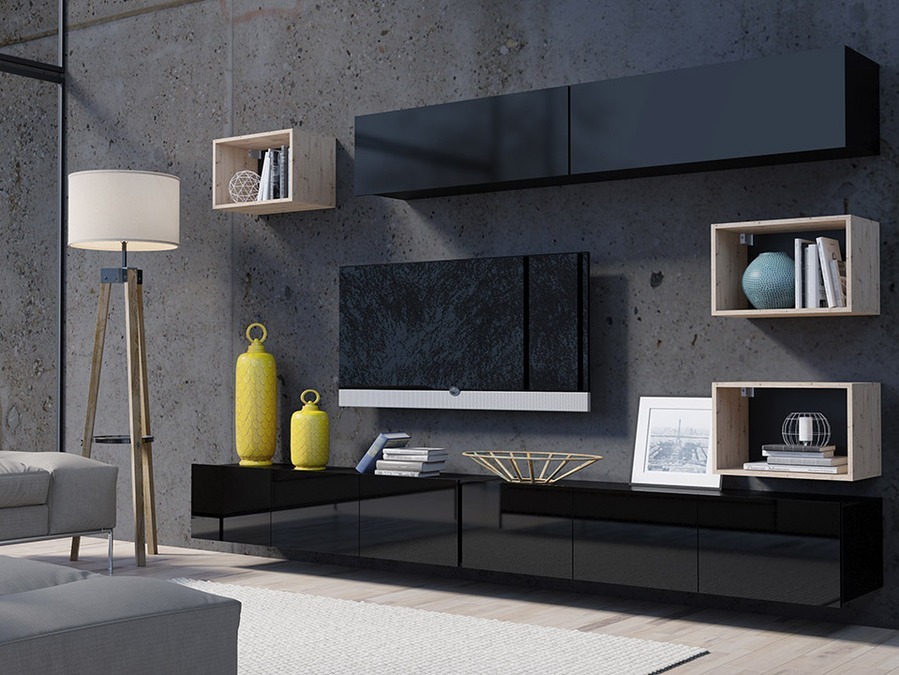 Σετ επίπλων σαλονιού Remus XXXI (Μαύρο + Γυαλιστερό μαύρο + Artisan βελανιδιά)