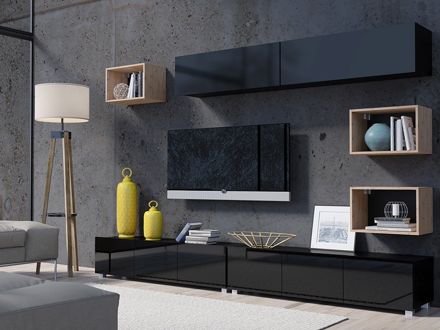 Σετ επίπλων σαλονιού Remus XXXI (Μαύρο + Γυαλιστερό μαύρο + Artisan βελανιδιά)