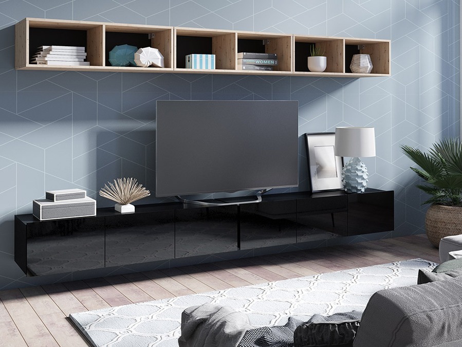 Σετ επίπλων σαλονιού Remus XXXIII (Μαύρο + Γυαλιστερό μαύρο + Artisan βελανιδιά)